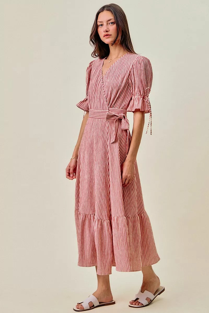 SO ME Stripe Textured Short Sleeves Lined Wrap Midi Dress
