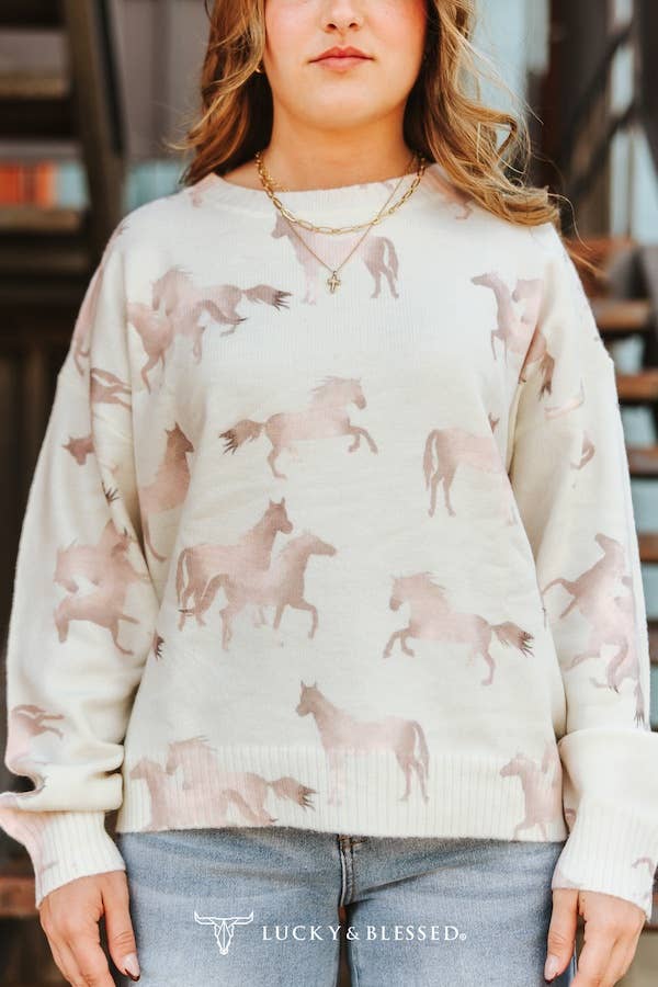 Ivory Soft Knit Sweater W Tonal Horse Detail