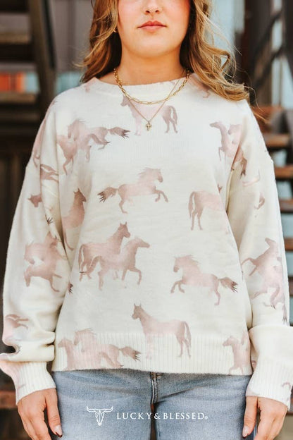 Ivory Soft Knit Sweater W Tonal Horse Detail