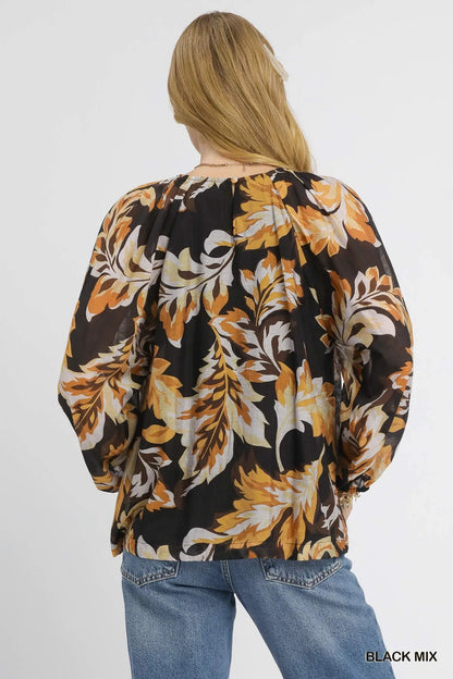 Umgee Autumn Leaf Print Balloon Sleeve Blouse