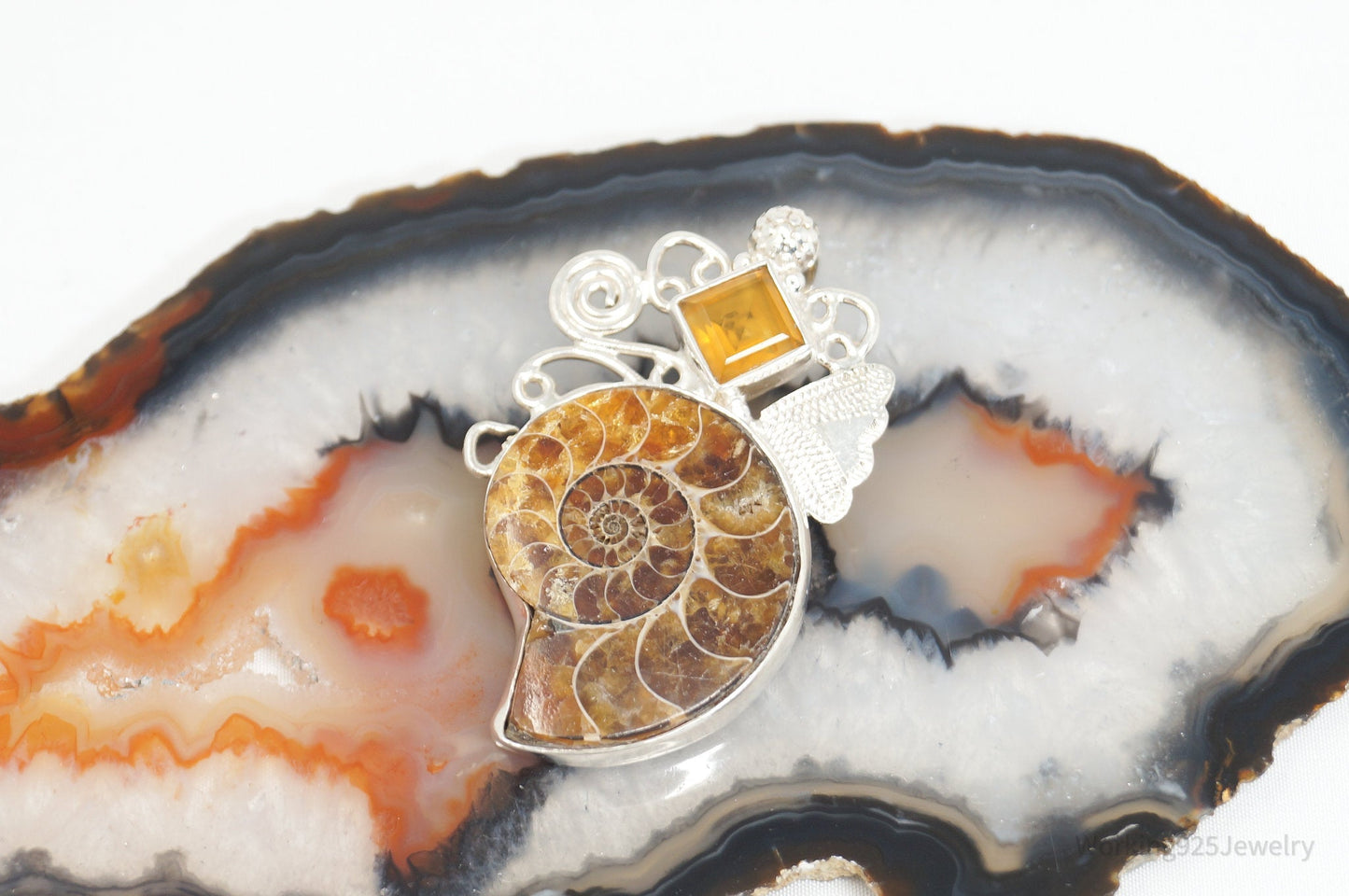 Vintage Large Ammonite Fossil Shell Citrine Sterling Silver Necklace Pendant