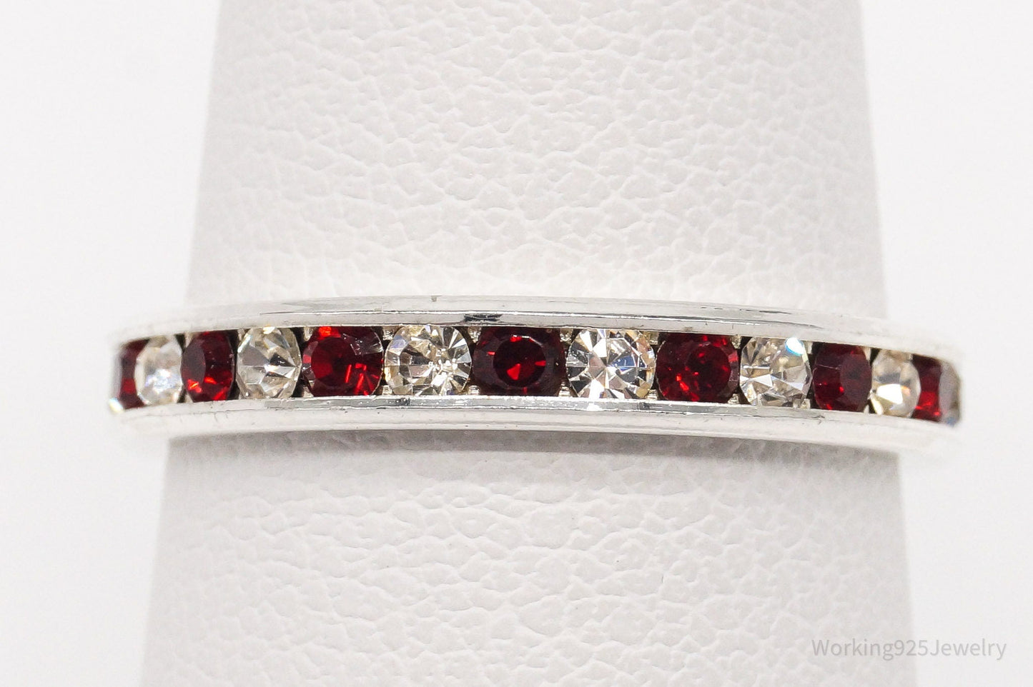 Vintage Red & White Crystal Sterling Silver Ring - Size 6.75