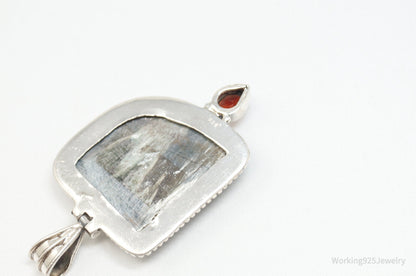 Vintage Large Green Seraphinite Garnet Sterling Silver Necklace Pendant
