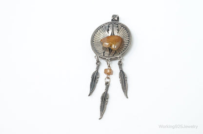 Large Vintage Native American Orange Agate Bear Sterling Silver Pendant