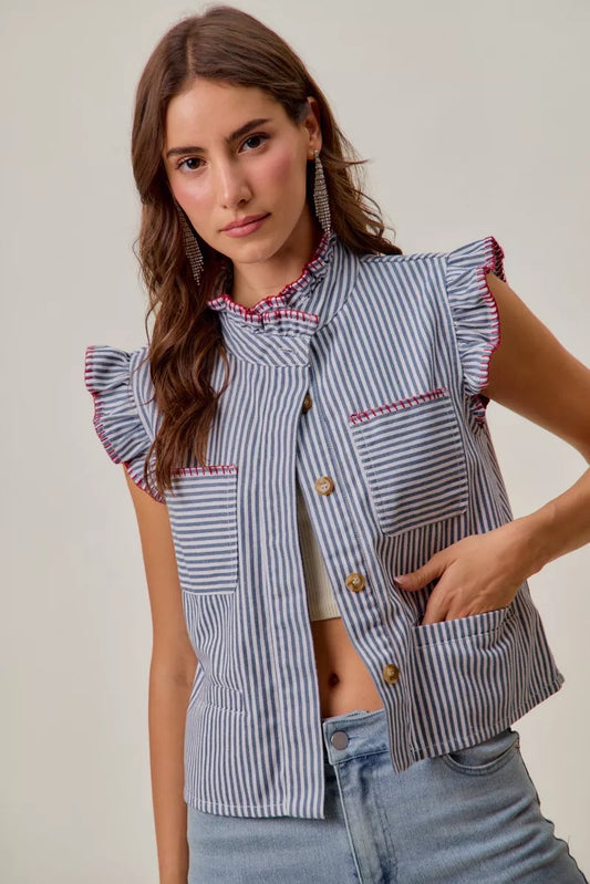 SO ME Stripe Twill Stitch Ruffled Hidden Button Vest Top