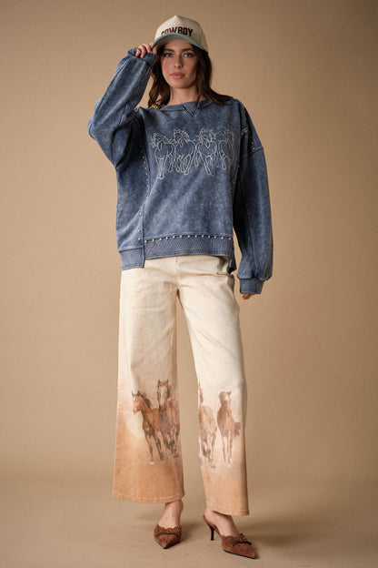 Horse Embroidery Stud Sweatshirt
