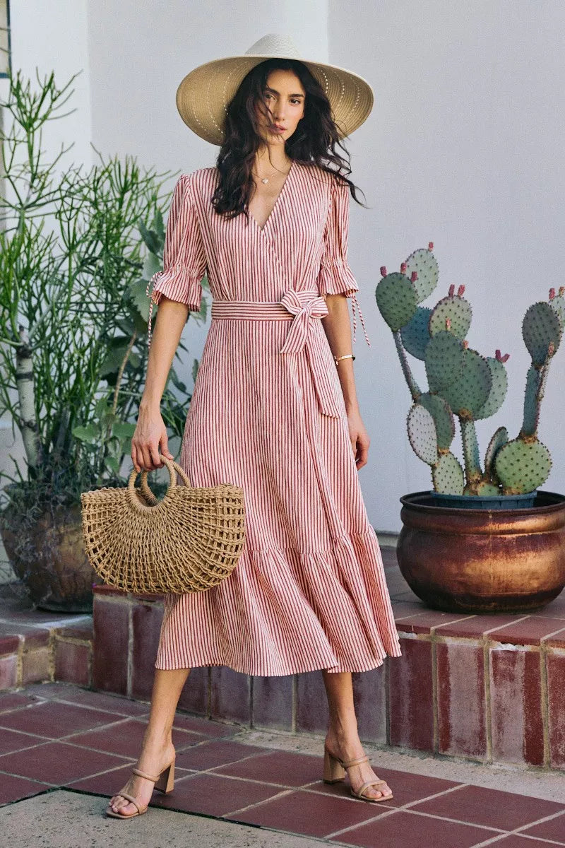 SO ME Stripe Textured Short Sleeves Lined Wrap Midi Dress