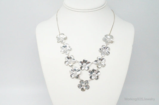 Vintage Italian Designer Paola Valentini Flowers Bib Sterling Silver Necklace
