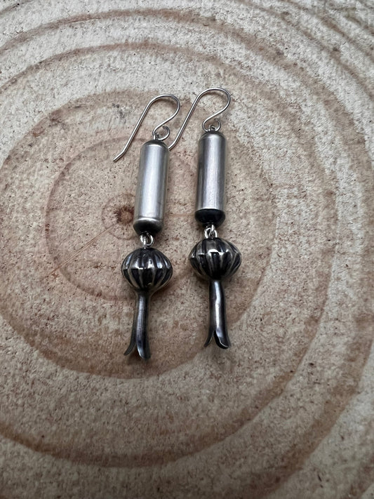 Crystal Hayley Sterling Silver Navajo Barrel & Squash Blossom Dangle Earrings — 1 3/4 inch drop (Handcrafted by Navajo Artist)