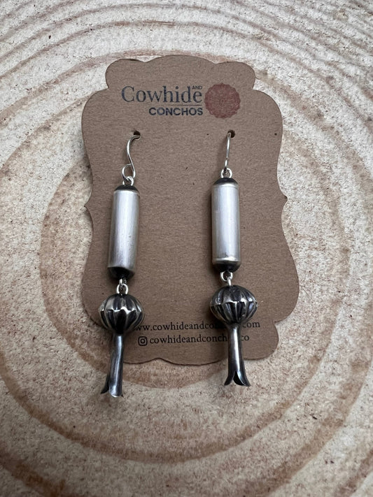 Crystal Hayley Sterling Silver Navajo Barrel & Squash Blossom Dangle Earrings — 1 3/4 inch drop (Handcrafted by Navajo Artist)