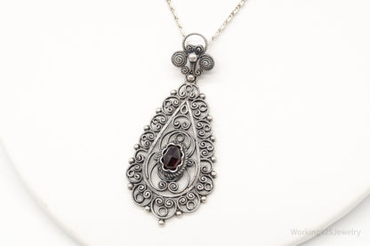Vintage Garnet Filigree 835 Silver Necklace