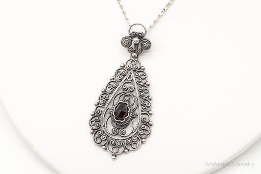 Vintage Garnet Filigree 835 Silver Necklace