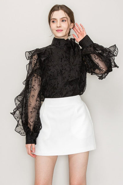 High Neck Long Sleeve Floral Print Frilled Blouse