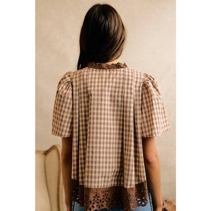 CHECK LACE TRIM FLUTTER SLEEVES BLOUSE TOP