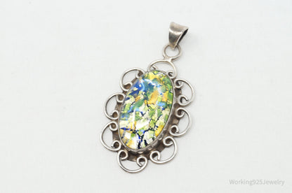 Vintage Large Mexico Dichroic Glass Flower Sterling Silver Necklace Pendant