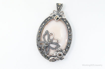 VTG Pink Mother of Pearl Marcasite Butterfly Flower Sterling Silver Pendant