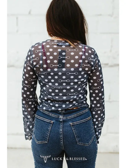 Navy Polka Dot Horse Bit Mesh Top