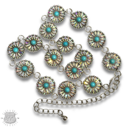 Western flower rhinestone concho link belt