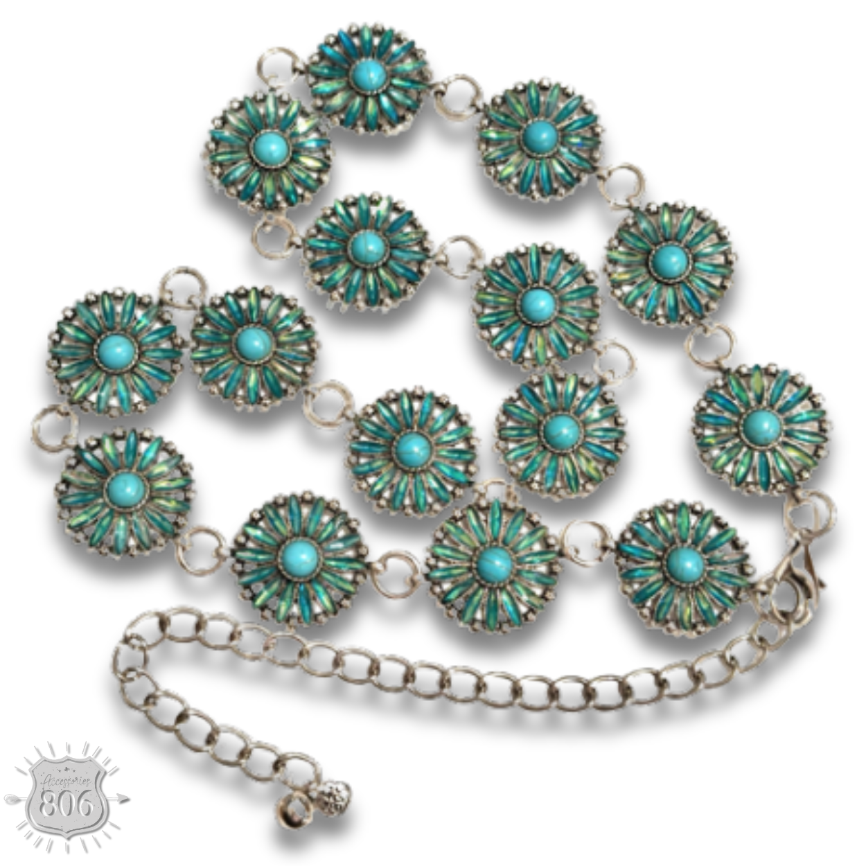 Western flower rhinestone concho link belt