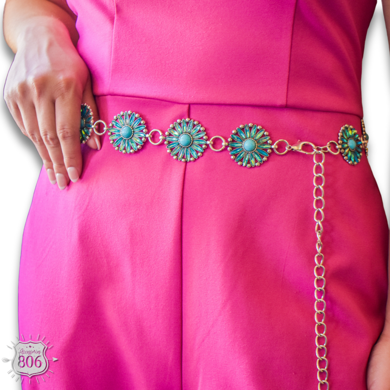 Western flower rhinestone concho link belt