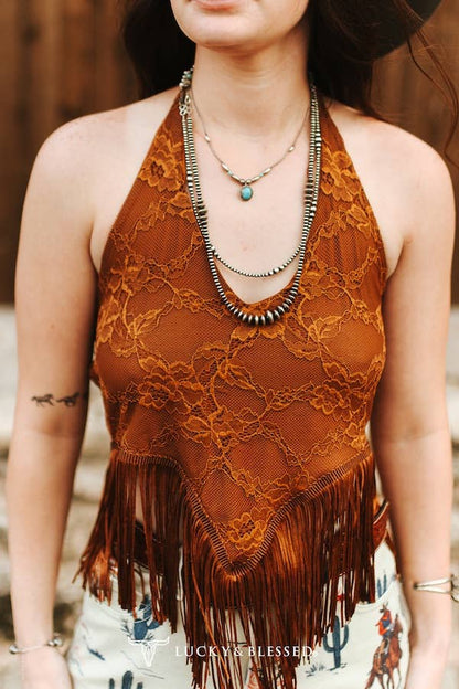 Camel Lace Fringe Halter Top