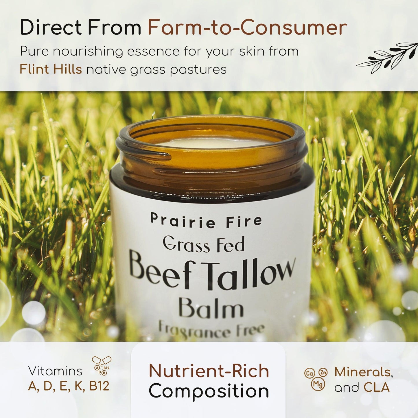 Grass Fed Beef Tallow Balm - 4 oz - Made in USA - Organic Grass Fed and Finished Tallow - Moisturizing Skin Care