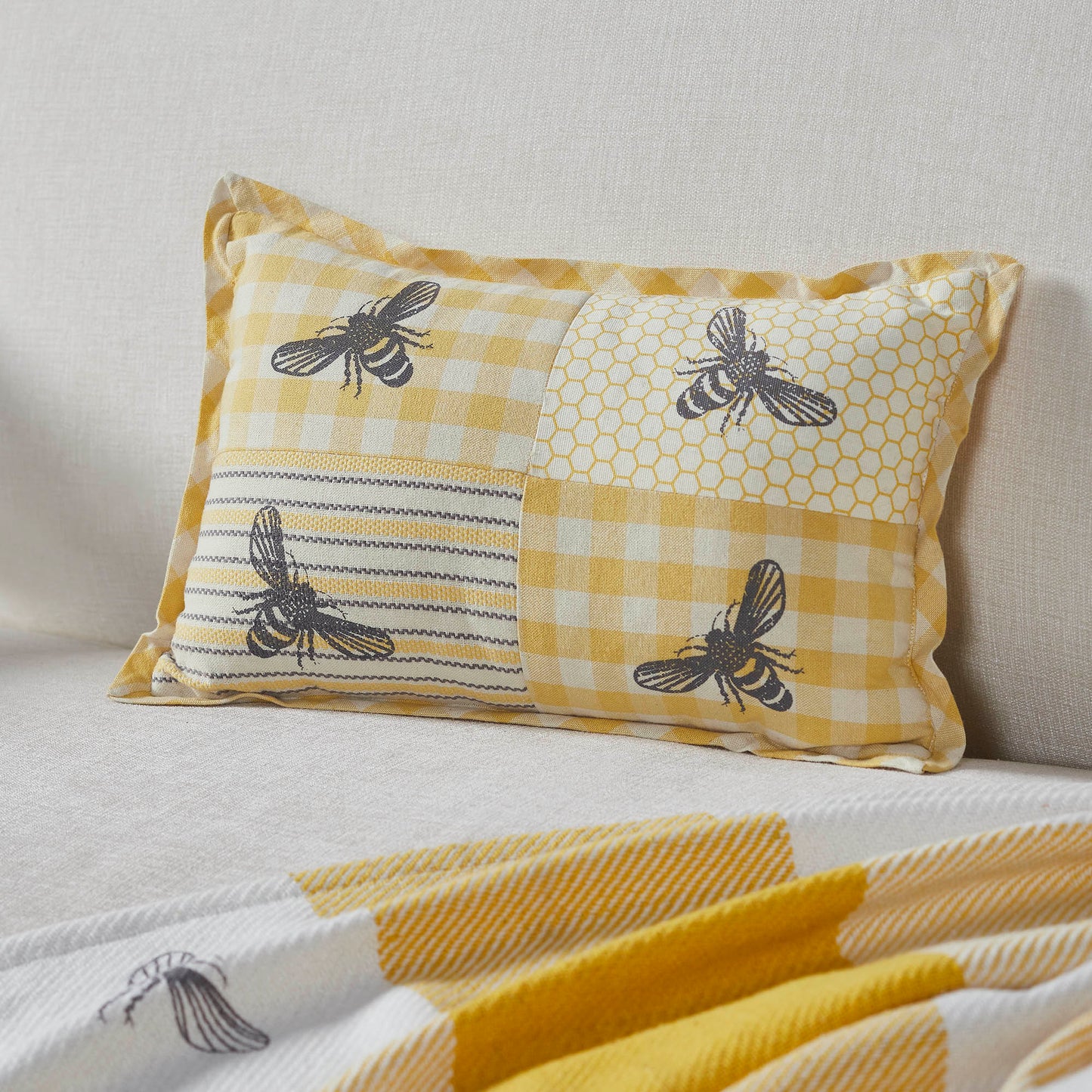 VHC Patchwork Bee Lumbar Pillow 9.5" x 14" | Farmhouse Cottage Accent Pillow