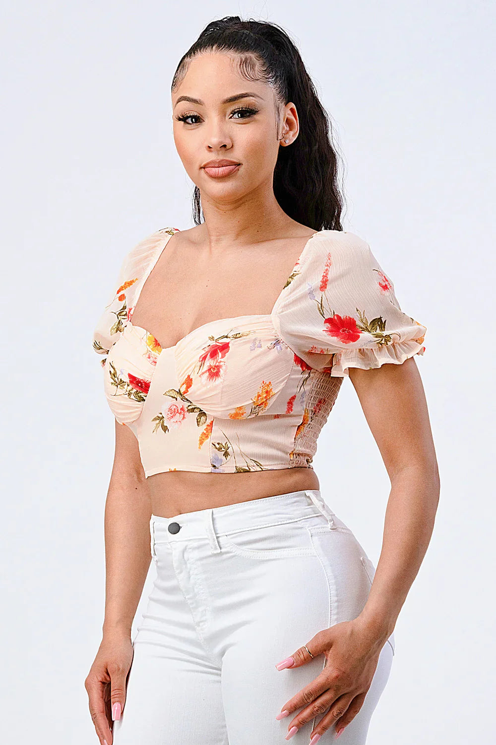 FLORAL CHIFFON SMOCKED SWEETHEART TOP