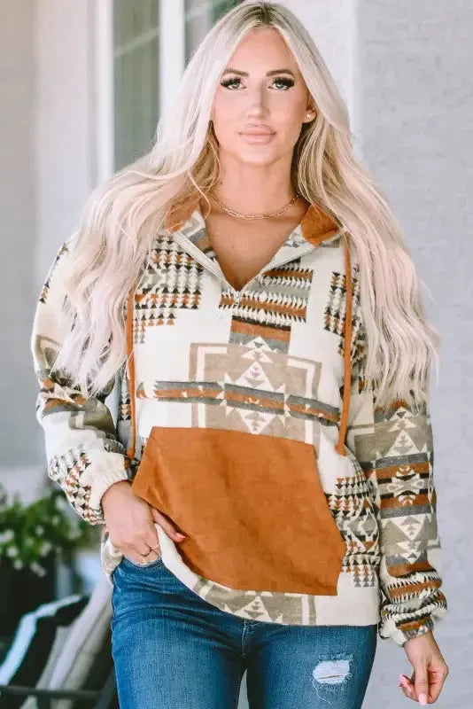 Beige Aztec Half-Zip Hoodie