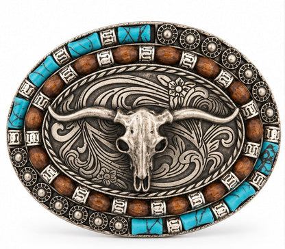 Turquoise Longhorn Western Belt Buckle | Branding Iron Western Wear