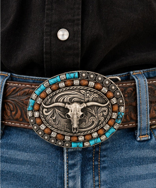 Turquoise Longhorn Western Belt Buckle | Branding Iron Western Wear