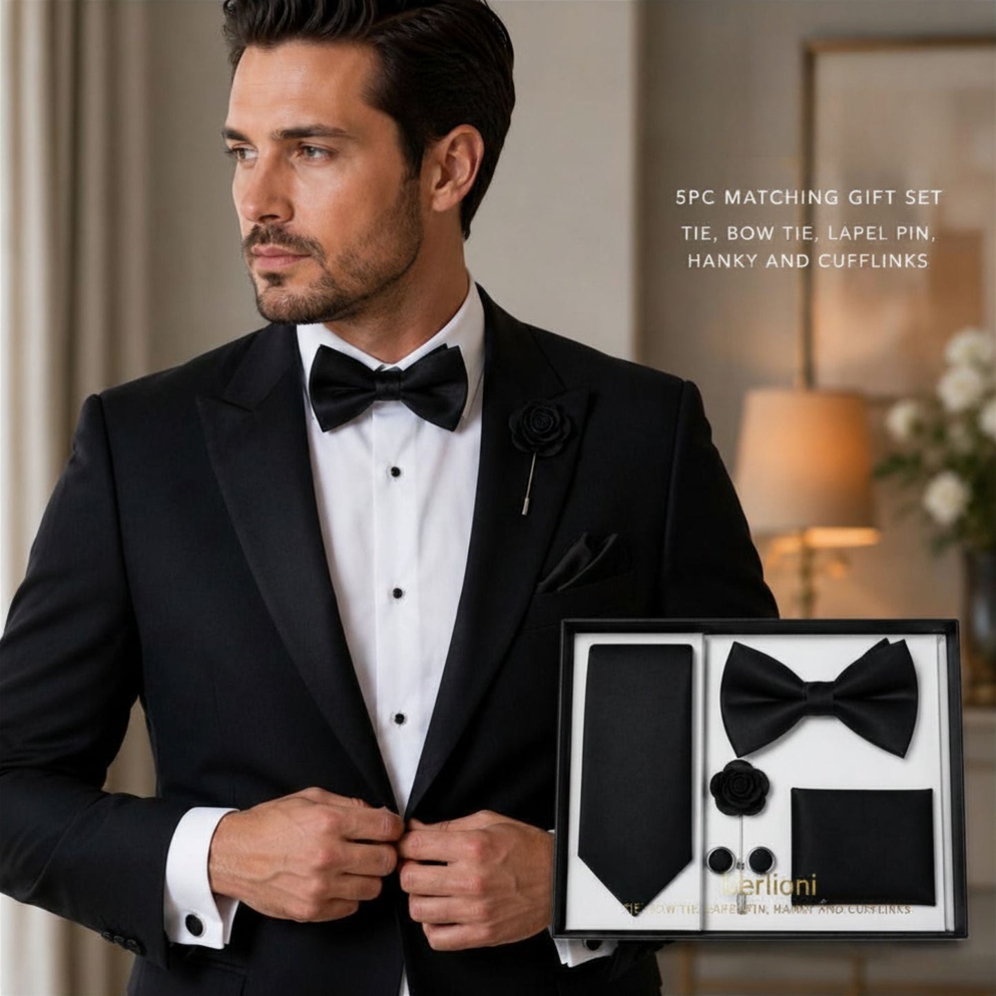 Insta Slim® 5 Piece Gift Set Tie, Bow-Tie, Lapel Pin, Hanky & Cufflinks 155TGS1