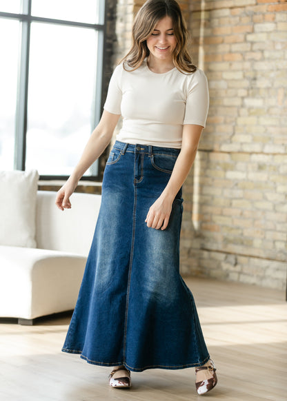 Bethany Dark Wash A-line Long Denim Skirt - FINAL SALE
