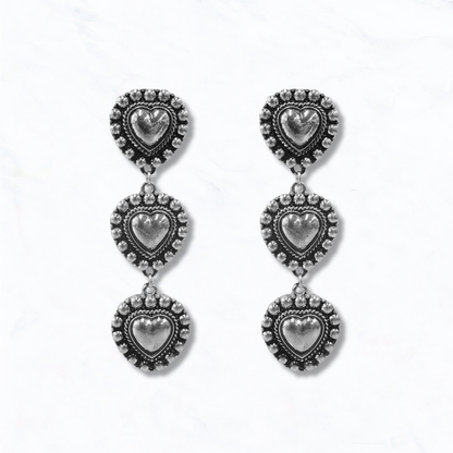 Western Inspired Triple Heart Dangle Earrings: Silver