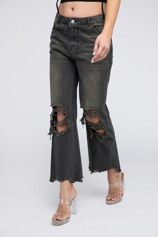 BiBi Distressed Vintage Washed Wide-Leg Western Pants — 100% Cotton Rigid Denim with Retro Worn-In Finish (Medium remaining)