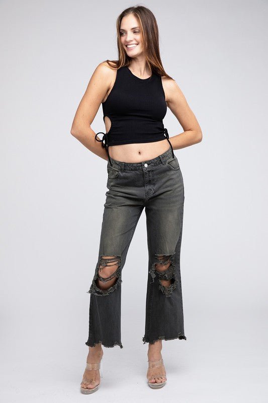 BiBi Distressed Vintage Washed Wide-Leg Western Pants — 100% Cotton Rigid Denim with Retro Worn-In Finish (Medium remaining)