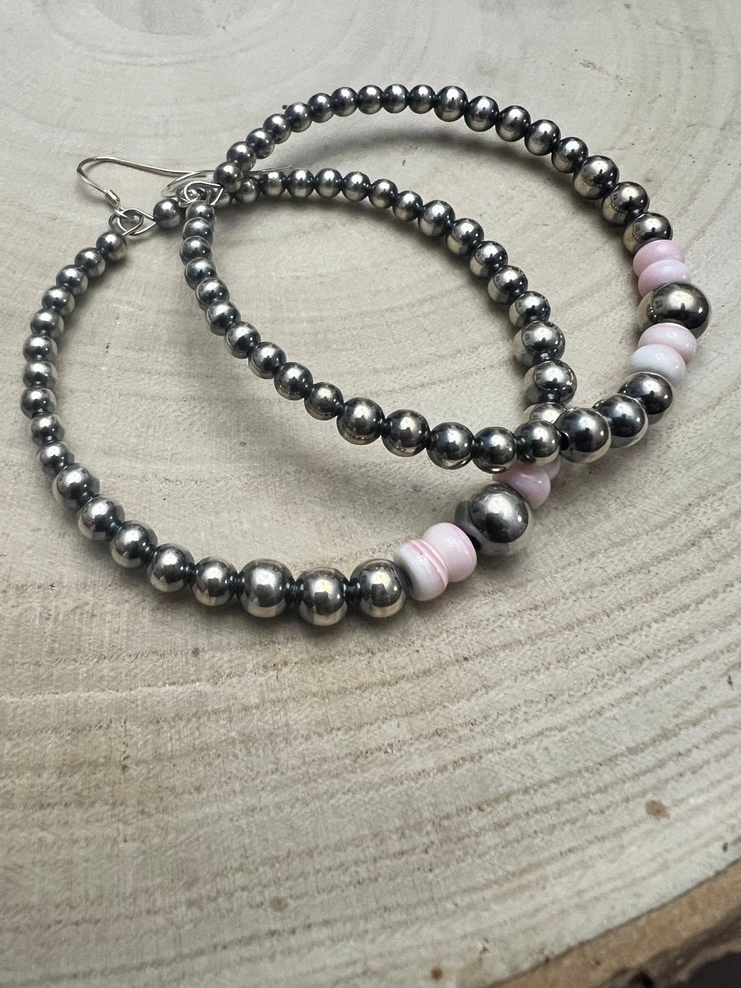 Big Sterling Pearl Hoops with Pink Conch — 2" × 1/2" Graduated 4-5-6-8mm (Handmade in Texas)