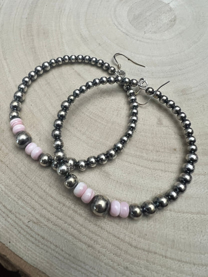 Big Sterling Pearl Hoops with Pink Conch — 2" × 1/2" Graduated 4-5-6-8mm (Handmade in Texas)