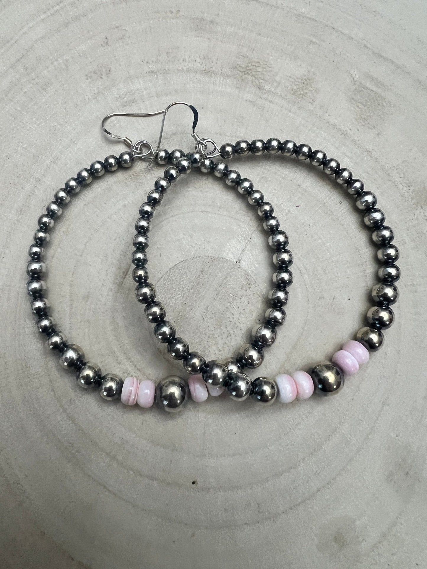 Big Sterling Pearl Hoops with Pink Conch — 2" × 1/2" Graduated 4-5-6-8mm (Handmade in Texas)