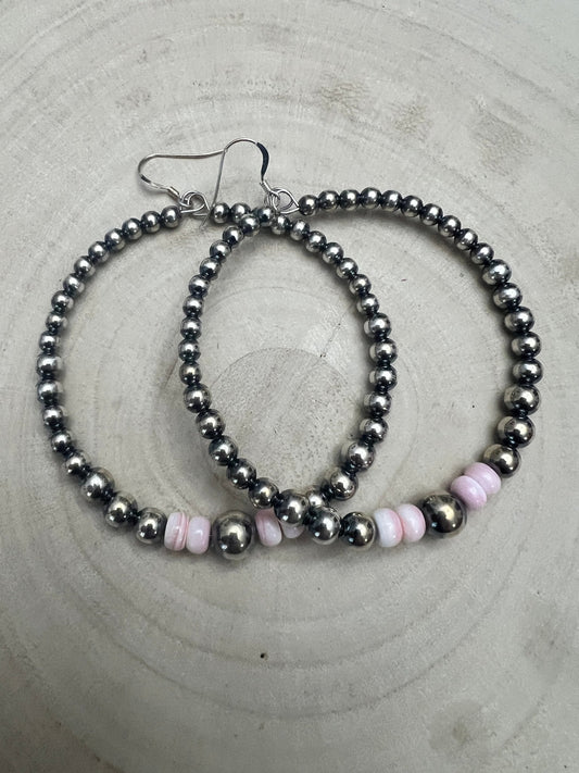 Big Sterling Pearl Hoops with Pink Conch — 2" × 1/2" Graduated 4-5-6-8mm (Handmade in Texas)