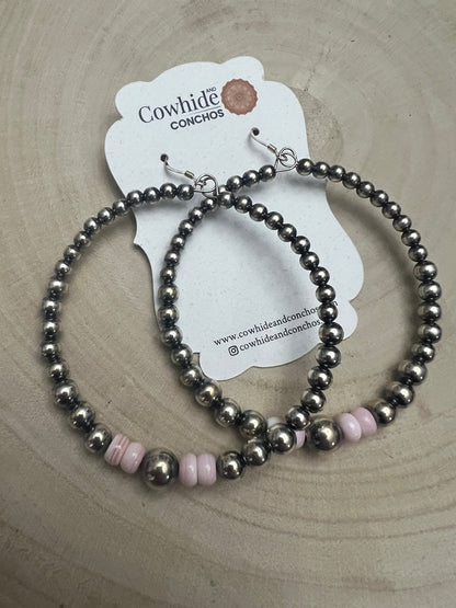 Big Sterling Pearl Hoops with Pink Conch — 2" × 1/2" Graduated 4-5-6-8mm (Handmade in Texas)