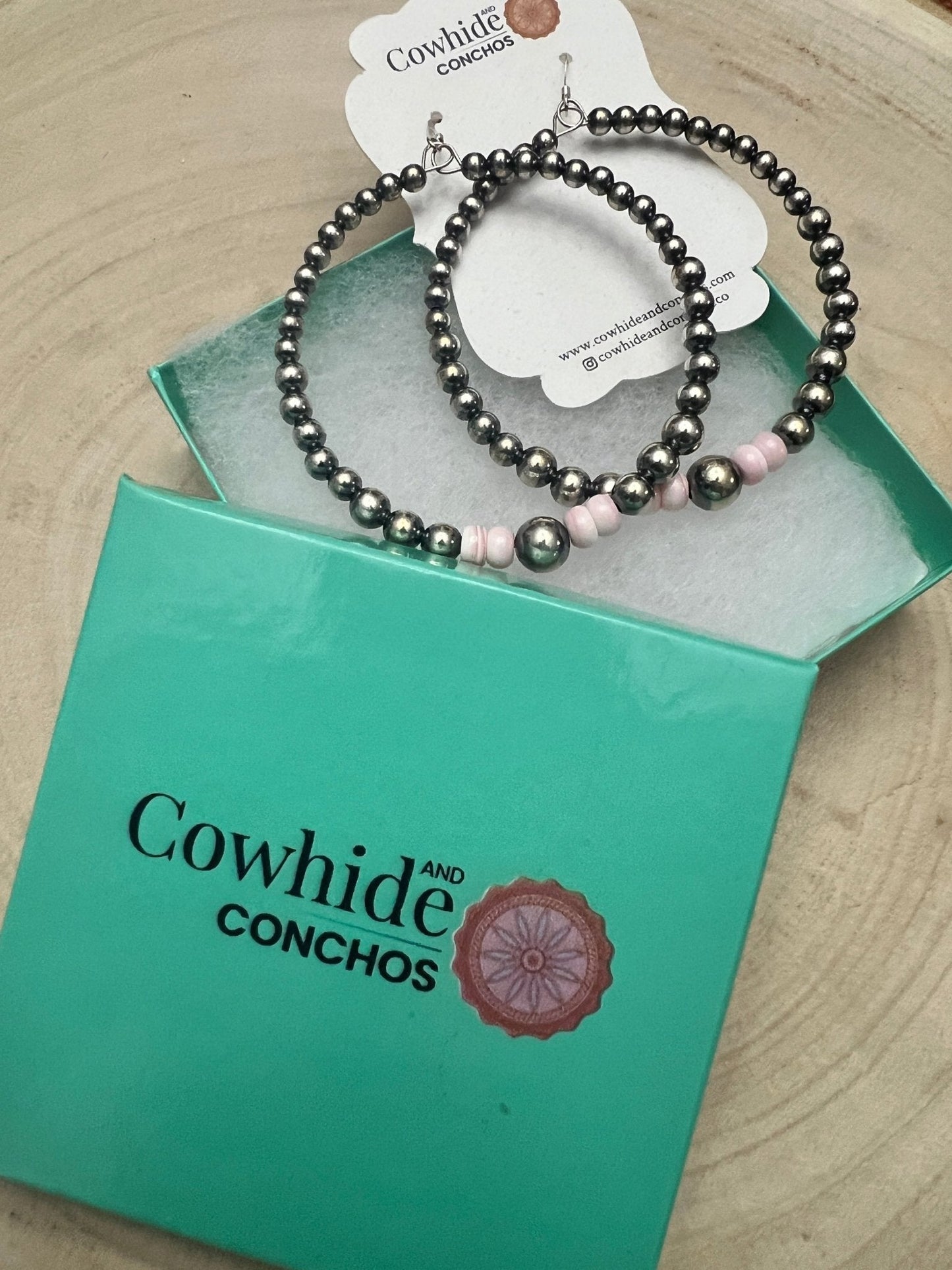 Big Sterling Pearl Hoops with Pink Conch — 2" × 1/2" Graduated 4-5-6-8mm (Handmade in Texas)