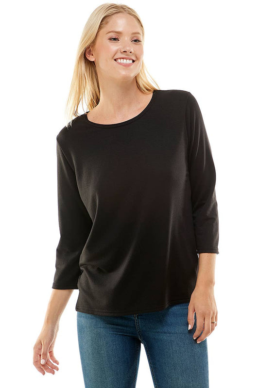 AZULES Black 3/4 Sleeve French Terry Western Top — Side Slit Made in USA (Small and Large available)