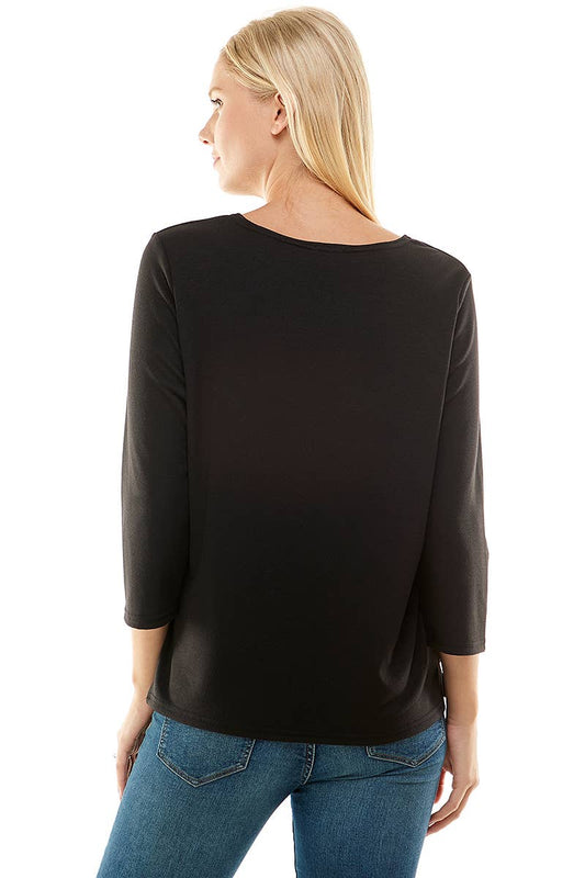 AZULES Black 3/4 Sleeve French Terry Western Top — Side Slit Made in USA (Small and Large available)