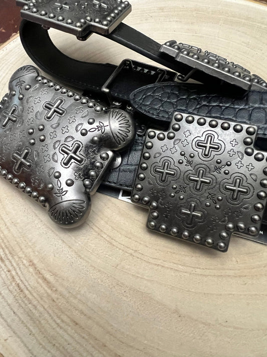 Black Gator Genuine Leather Western Belt — Cross Concho Detail