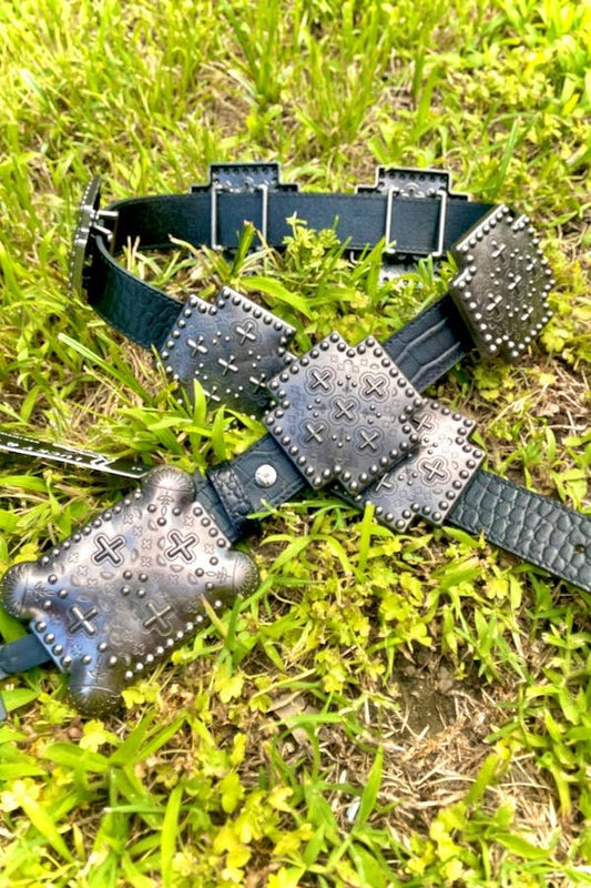 Black Gator Genuine Leather Western Belt — Cross Concho Detail