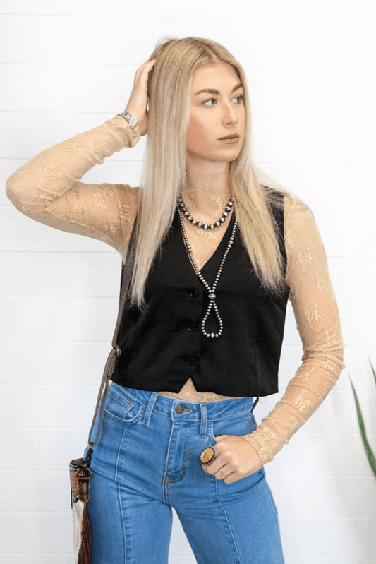 HYFVE Black V-Neck Hidden Button Sleeveless Western Vest — Crop Hem Versatile Layering Piece
