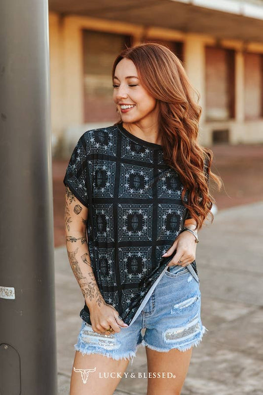 LUCKY & BLESSED Black Western Bandanna Print Rolled Cuff Short Sleeve Top