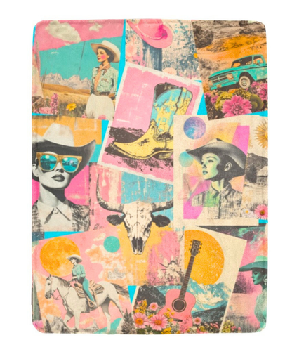 Pop Western Retro Cowgirl Collage Throw Blanket 60" x 80" Made in America