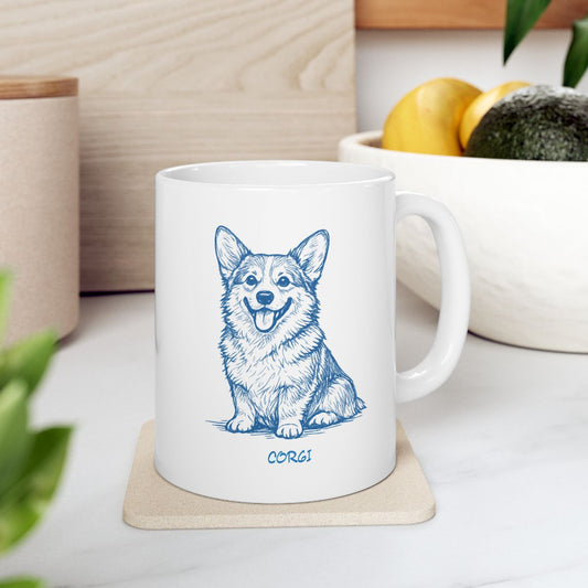 Dog Lover Ceramic Mug with Corgi Sketch Design  - Cottage Style Coffee Mug